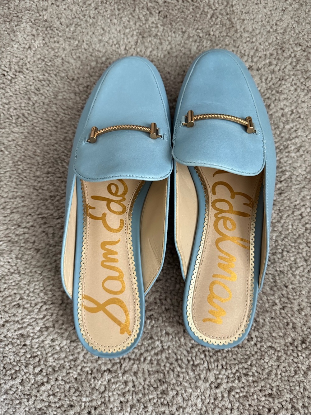 Sam Edelman Baby Blue Leather Backless Loafers with Gold Accent